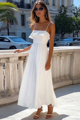 Weißes, langes Boho-Kleid in A-Linie mit quadratischem Ausschnitt und Rüschen