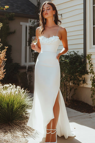 White Satin Spaghetti Straps Long Engagement Dress with Slit