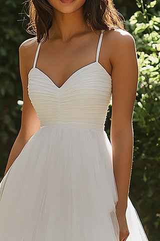White Tulle Spaghetti Straps Midi A Line Engagement Dress