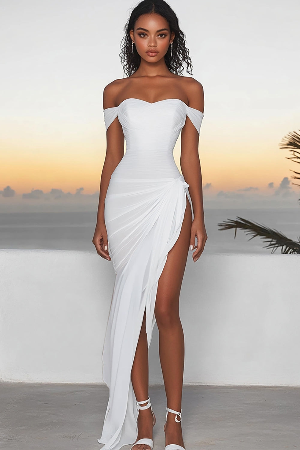 Vestido de noivado assimétrico branco com decote ombro a ombro