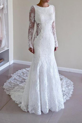 NumberSea Weißes Meerjungfrau-Brautkleid mit langen Ärmeln und rückenfreiem Spitzendesign und Schleppe, MW181 