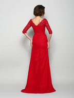 Kleider für die Brautmutter A-Linie V-Ausschnitt Perlenbesatz 1/2 Ärmel Applikation Lang Chiffon