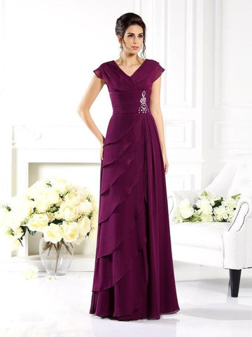 Kleider für die Brautmutter A-Linie V-Ausschnitt Kurze Ärmel Lang Chiffon