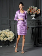 Vestidos curtos de cetim para mãe da noiva, com alças de coluna, franzidos, sem mangas