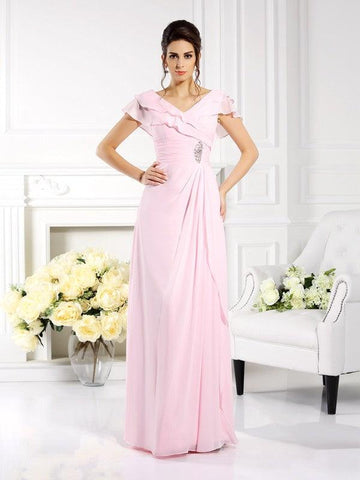 Kleider für die Brautmutter A-Linie V-Ausschnitt Rüschen Kurze Ärmel Lang Chiffon