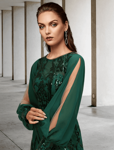 Meerjungfrau/Trompete Kleid für die Mutter der Braut, Hochzeitsgast, elegant, funkelnd und glänzend, Juwelenhalsausschnitt, Schleppe, Chiffon, Pailletten, lange Ärmel mit Paillettenapplikationen