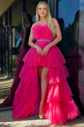 Marie| A-Linie High-Low trägerloses Ballkleid aus gerüschtem Tüll mit Federn