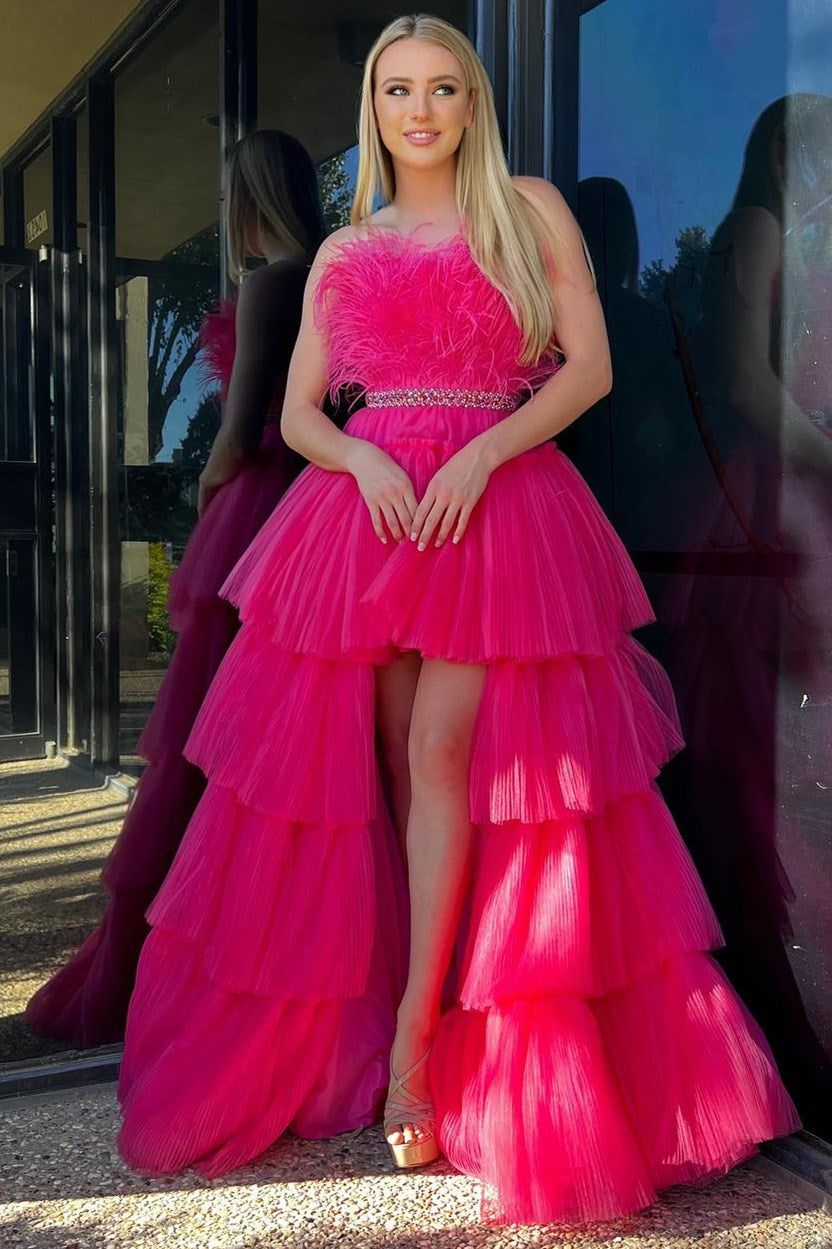Marie| A-line High-Low Strapless Ruffled Tulle Prom Dress with Feathers