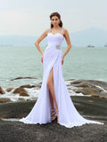 Abito da Sposa Spiaggia in Chiffon Lungo Senza Maniche con Perline e Spalline a Fascia/Colonna