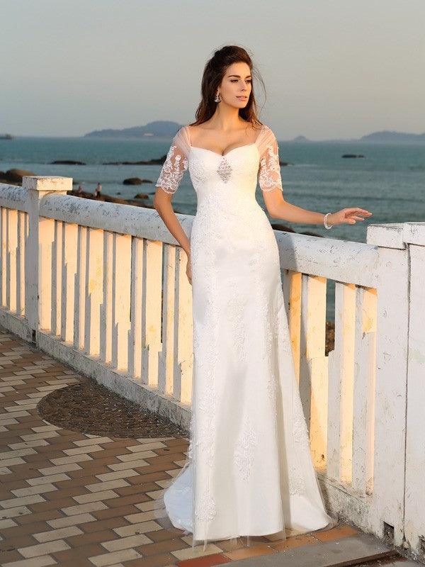 Abito da Sposa da Spiaggia in Satin Lungo con Scollo a Cuore e Maniche Corte con Applique a Fodera/Colonna