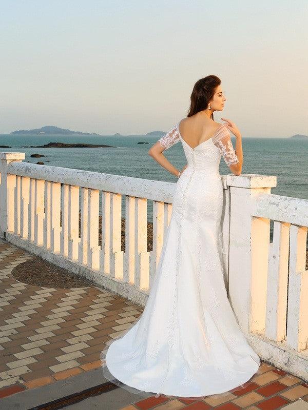 Abito da Sposa da Spiaggia in Satin Lungo con Scollo a Cuore e Maniche Corte con Applique a Fodera/Colonna