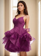 Vestido de Fiesta Formal con Cuello en V y Falda de Tul con Volantes Acampanados para el Baile de Bienvenida