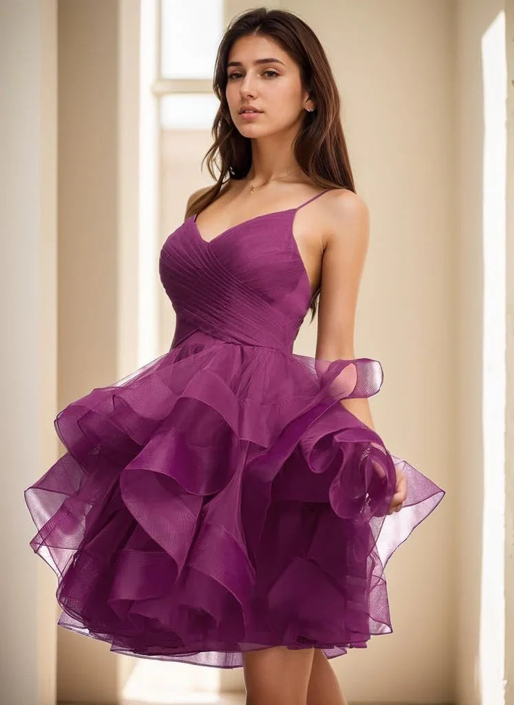 Vestido de Fiesta Formal con Cuello en V y Falda de Tul con Volantes Acampanados para el Baile de Bienvenida