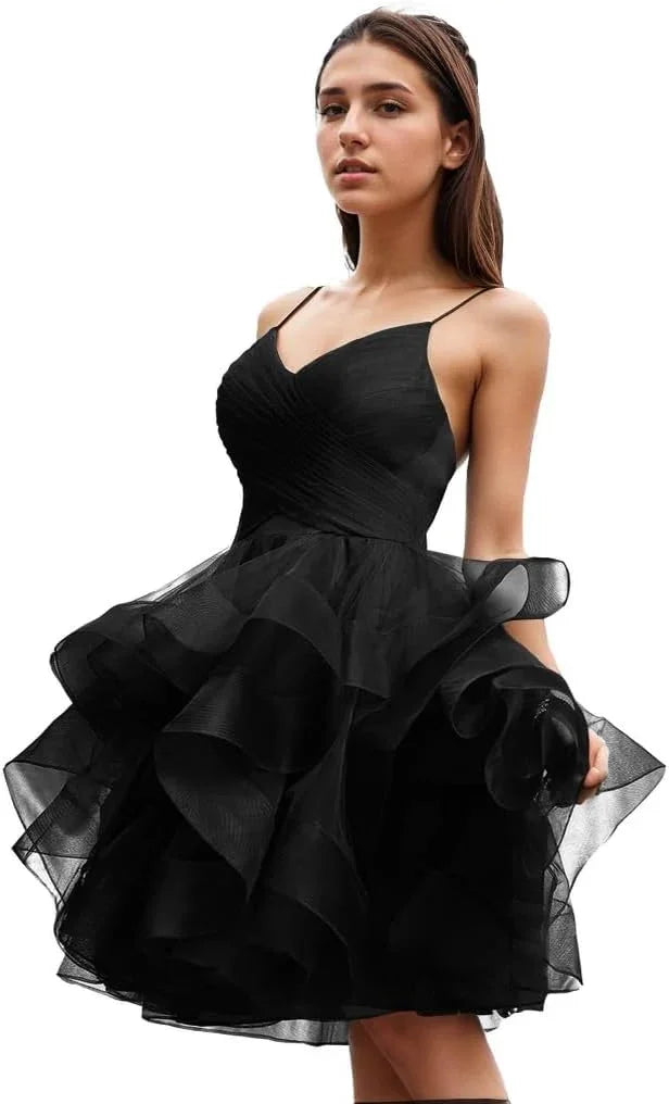 Vestido de Fiesta Formal con Cuello en V y Falda de Tul con Volantes Acampanados para el Baile de Bienvenida