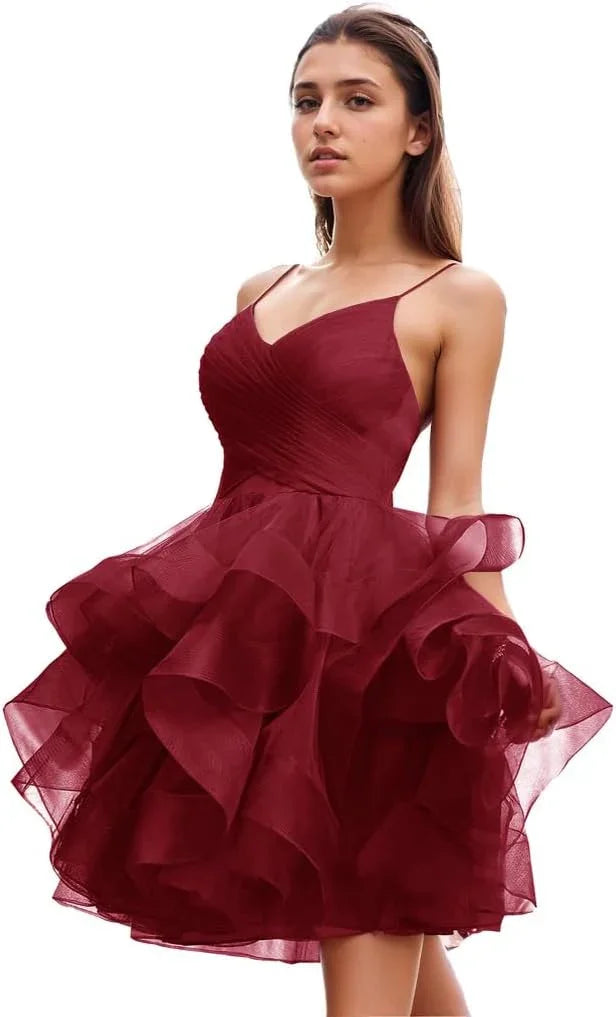 Vestido de Fiesta Formal con Cuello en V y Falda de Tul con Volantes Acampanados para el Baile de Bienvenida