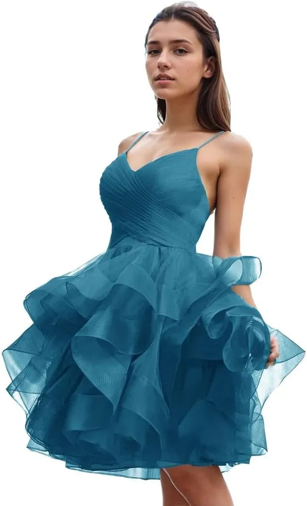 Vestido de Fiesta Formal con Cuello en V y Falda de Tul con Volantes Acampanados para el Baile de Bienvenida