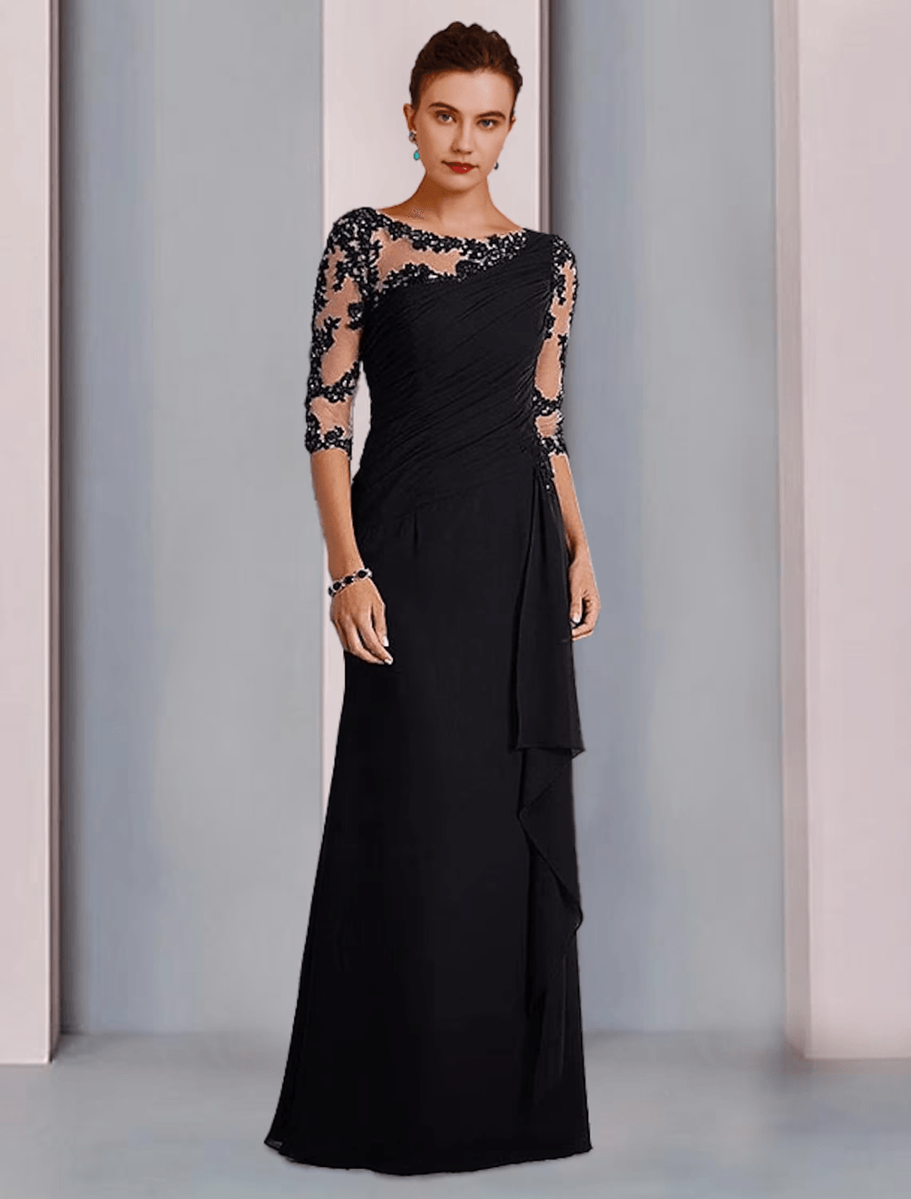 Vestido de mãe da noiva com bainha/coluna, formal, elegante, decote em joia, comprimento até ao chão, chiffon, renda, manga 3/4, com aplicações de missangas