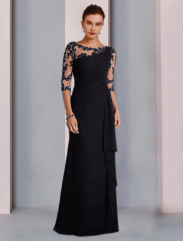 Etuikleid/Säulenkleid für die Brautmutter, formell, elegant, Rundhalsausschnitt, bodenlang, Chiffon, Spitze, 3/4-Ärmel mit Perlenapplikationen