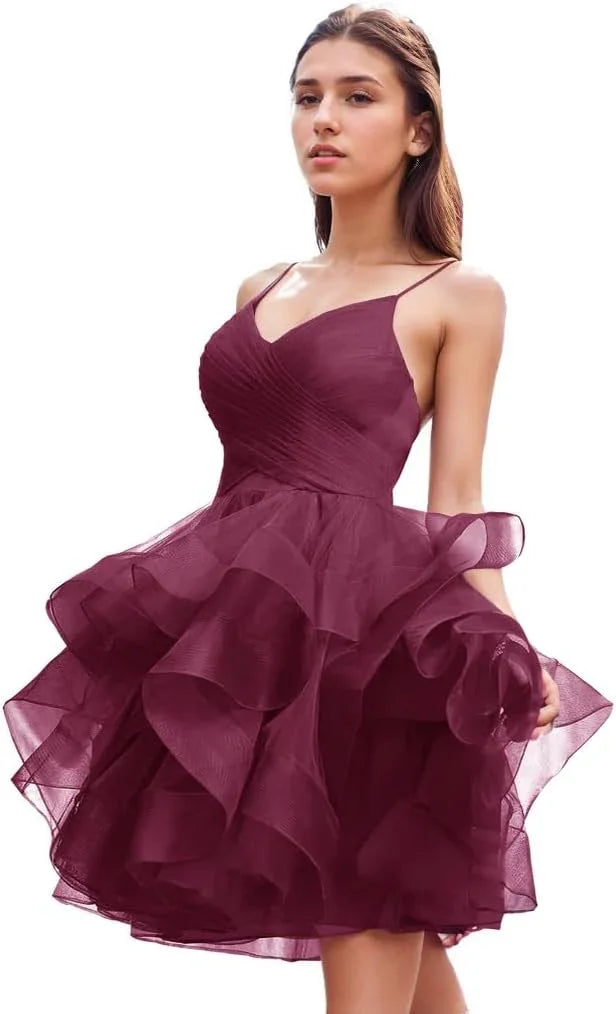 Vestido de Fiesta Formal con Cuello en V y Falda de Tul con Volantes Acampanados para el Baile de Bienvenida