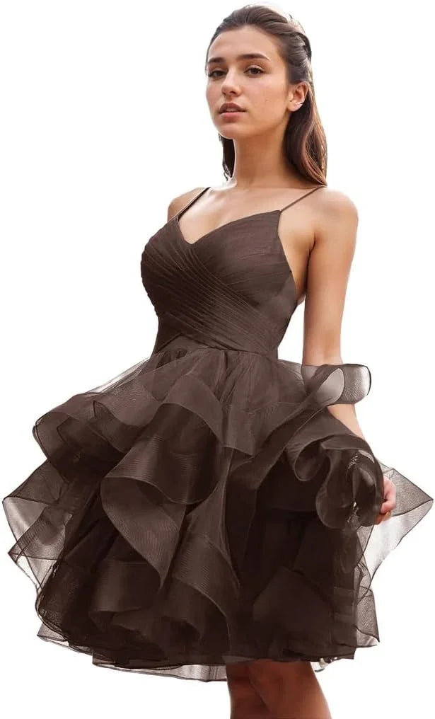 Vestido de Fiesta Formal con Cuello en V y Falda de Tul con Volantes Acampanados para el Baile de Bienvenida
