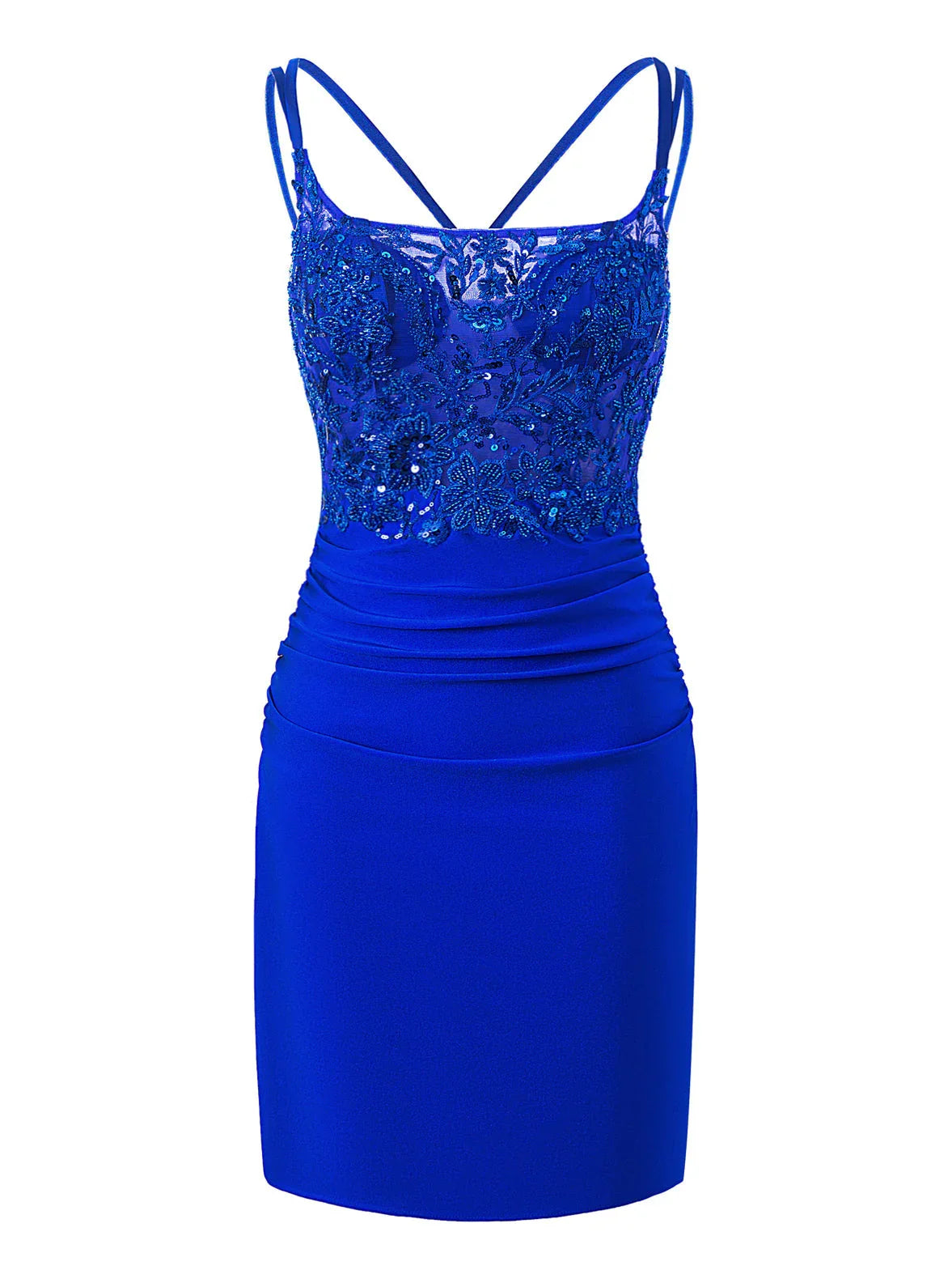 Vestido de Fiesta Real Azul Ajustado Corto con Tirantes Finos de Punto