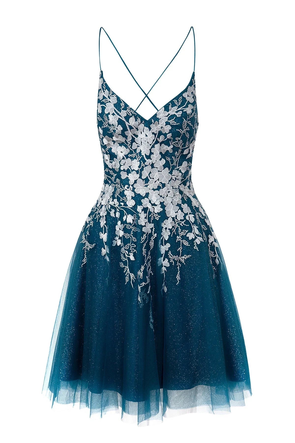 Vestido de Fiesta Corto Brillante de Tul con Aplicaciones