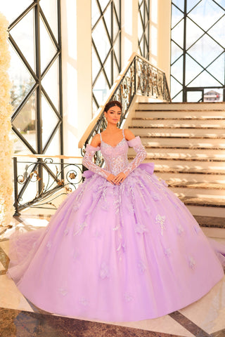 Vestido de quinceanera de manga comprida com lantejoulas da Amarra 54204