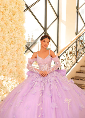 Vestido de quinceanera de manga comprida com lantejoulas da Amarra 54204