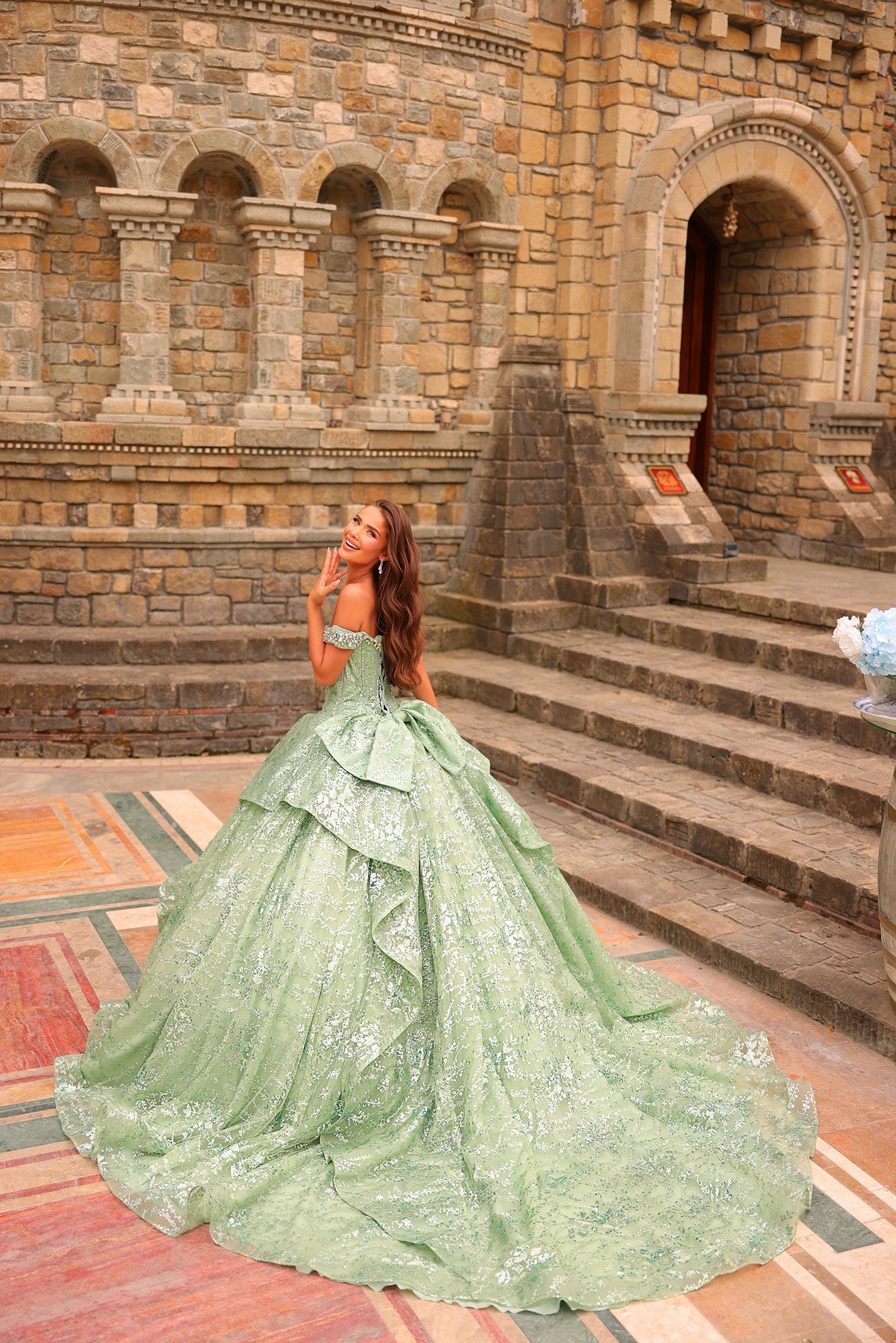 Glitter Print Off Shoulder Ball Gown by Amarra 54240