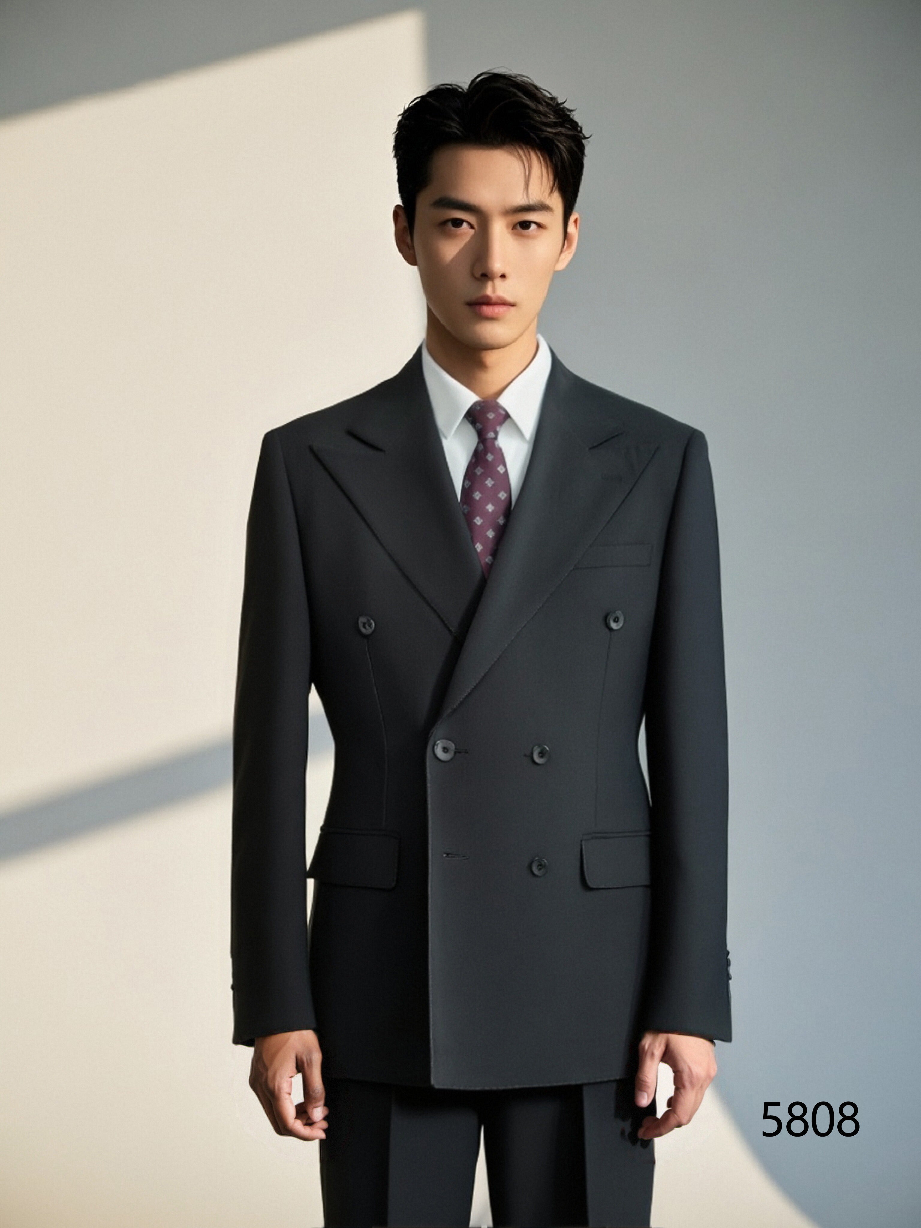 Black Wool Double-Breasted 3-Piece Wedding Suit | Tailored Groom & Groomsmen Attire