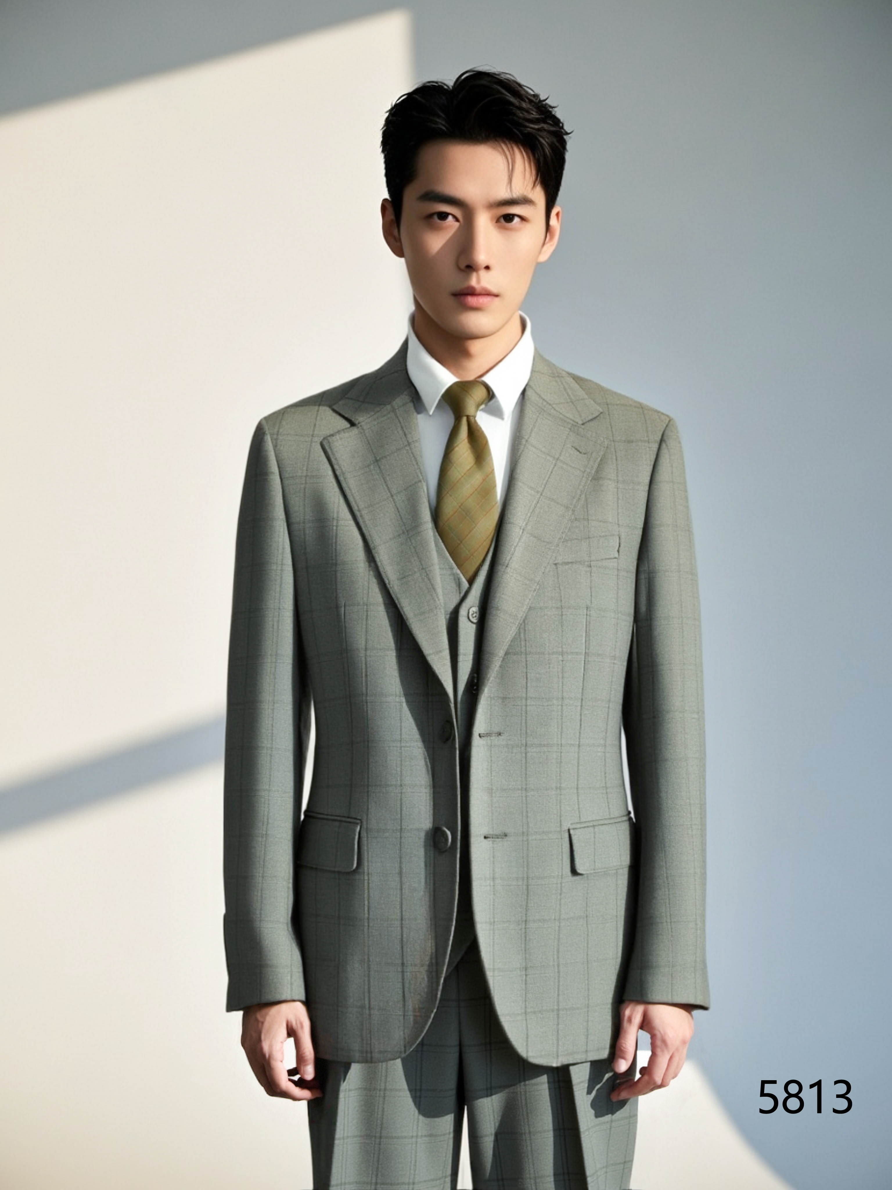 Light Grey Windowpane Check Wool 3-Piece Wedding Suit | Tailored Groom & Groomsmen Attire
