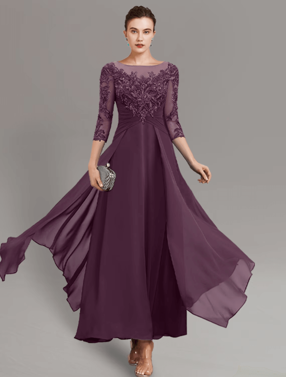 Vestido de festa tubinho/coluna para mãe da noiva, convidada de casamento, simples, elegante, decote em joia, comprimento até ao tornozelo, chiffon, renda, manga 3/4 com pregas, lantejoulas