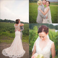 Robe de mariée Country Vintage Clairvoyant à dos en dentelle, col en V, sans manches, longue et traînante. DB020