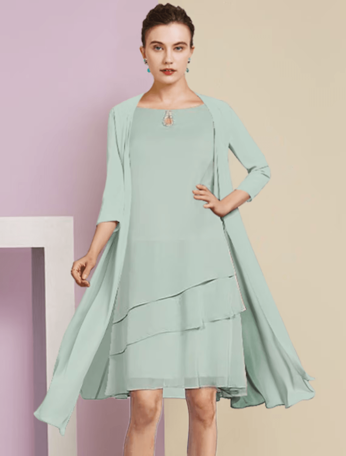 Vestido de mãe da noiva em duas peças, corte A, formal, para convidada de casamento, elegante, decote redondo, comprimento até ao joelho, chiffon, manga 3/4 com camadas