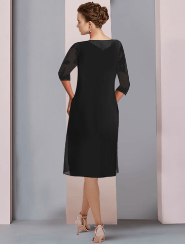 Zweiteiliges A-Linien-Kleid für die Mutter der Braut, Hochzeitsgast, eleganter U-Ausschnitt, knielang, Chiffon, Spitze, halbe Ärmel, Wickeljacke inklusive, Kleider mit gerüschten Applikationen
