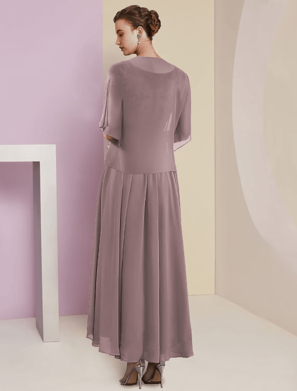Zweiteiliges A-Linien-Kleid für die Mutter der Braut, formelle Hochzeitsgäste, eleganter V-Ausschnitt, knielang, Spitze, kurze Ärmel, Wickelkleid inklusive, mit Faltenapplikationen