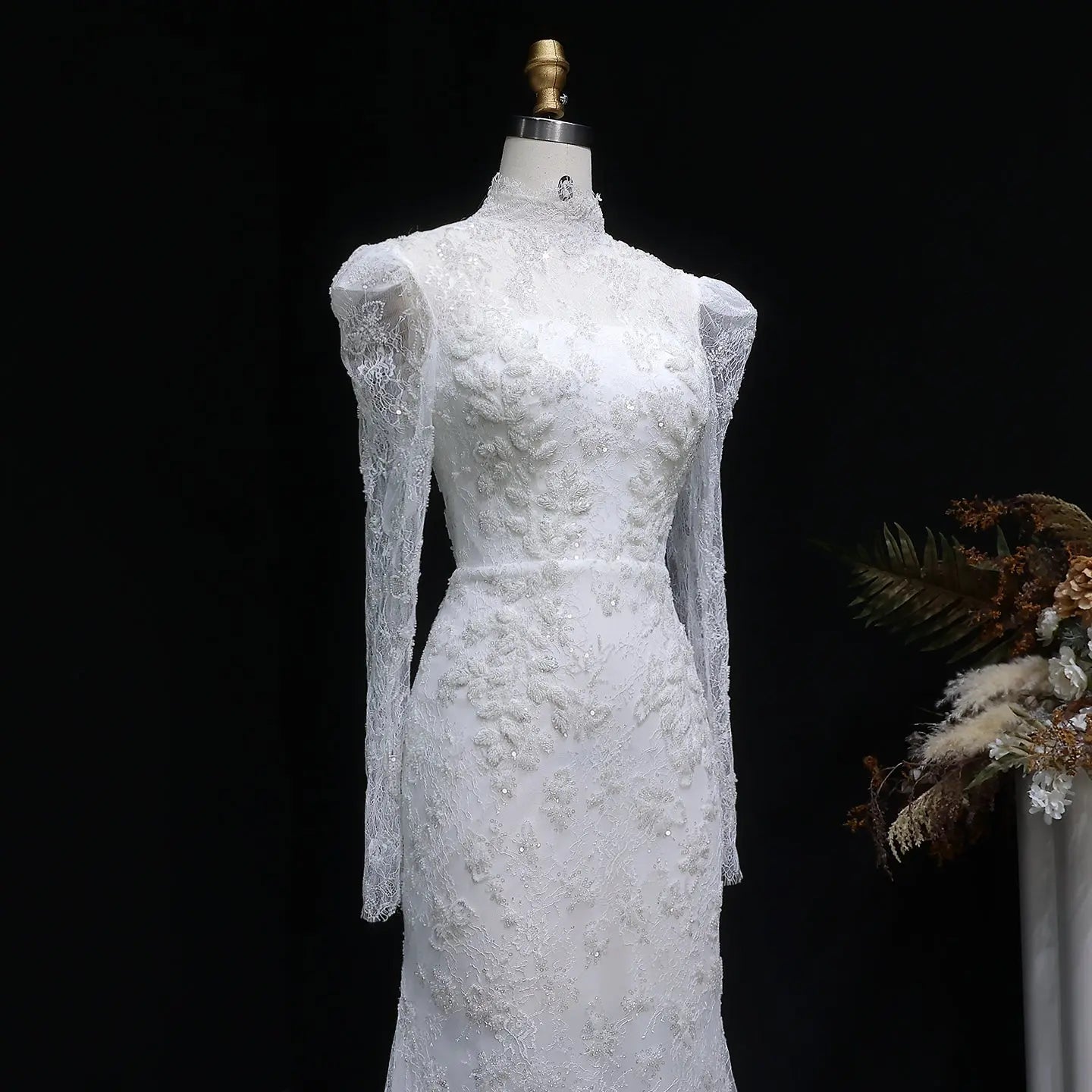 Elegant Printed Crystal Sheer Lace Mermaid Wedding Dress SW539