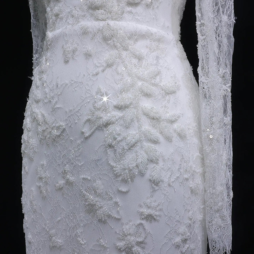 Elegant Printed Crystal Sheer Lace Mermaid Wedding Dress SW539