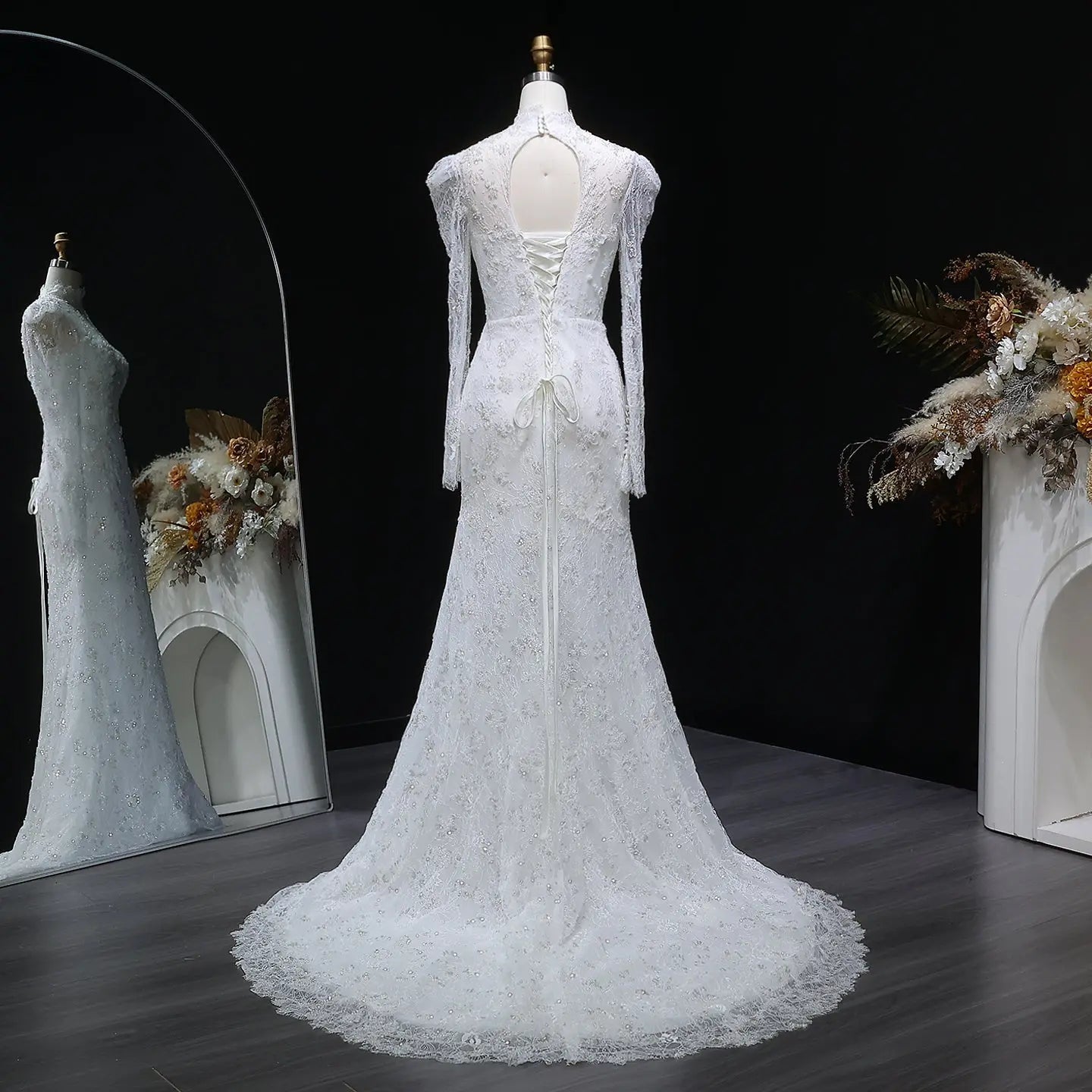 Elegant Printed Crystal Sheer Lace Mermaid Wedding Dress SW539