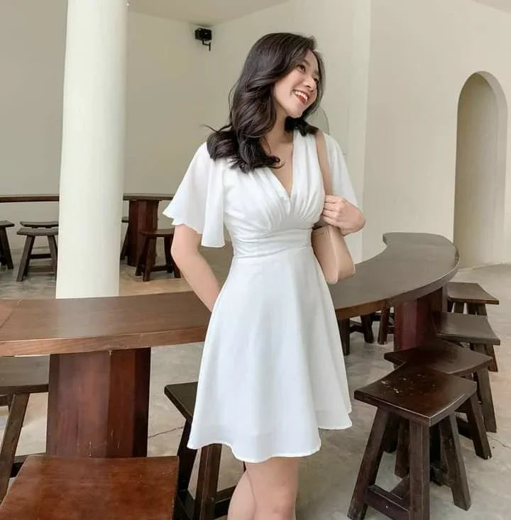 Vestido Blanco de Talle A con Escote en V para el Baile de Regreso, Vestido Casual Blanco, Y2419