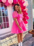 Vestido de Niña Tipo Baby Doll en Organza Rosa, Vestido Rosa de Cumpleaños Vestido Rosa para Fiesta de Regreso a Casa Y2060