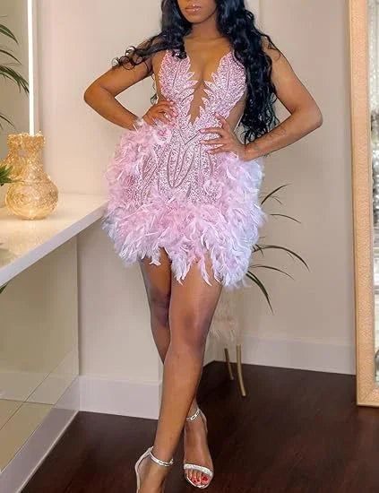 Vestido de Luxo Cor-de-Rosa com Penas para Baile de Finalistas, Aniversário, Casamento e Festa Y2639