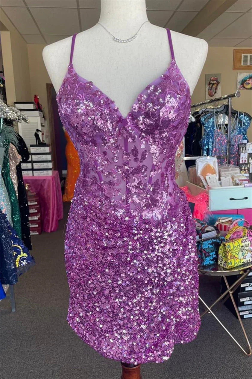 Funkelnde Applikationen Pailletten Flieder Homecoming Schnürkleid