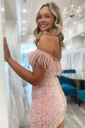 Vestido de Festa Justo de Ombro a Descoberto com Lantejoulas Curtas e Penas Cor-de-Rosa Y2862