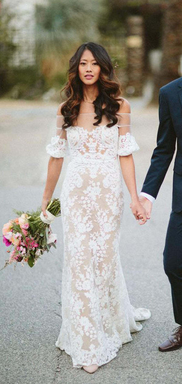 Abito da sposa vintage scollato sulle spalle, mezza manica, trasparente, pizzo avorio, color carne, WD0009