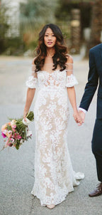 Abito da sposa vintage scollato sulle spalle, mezza manica, trasparente, pizzo avorio, color carne, WD0009