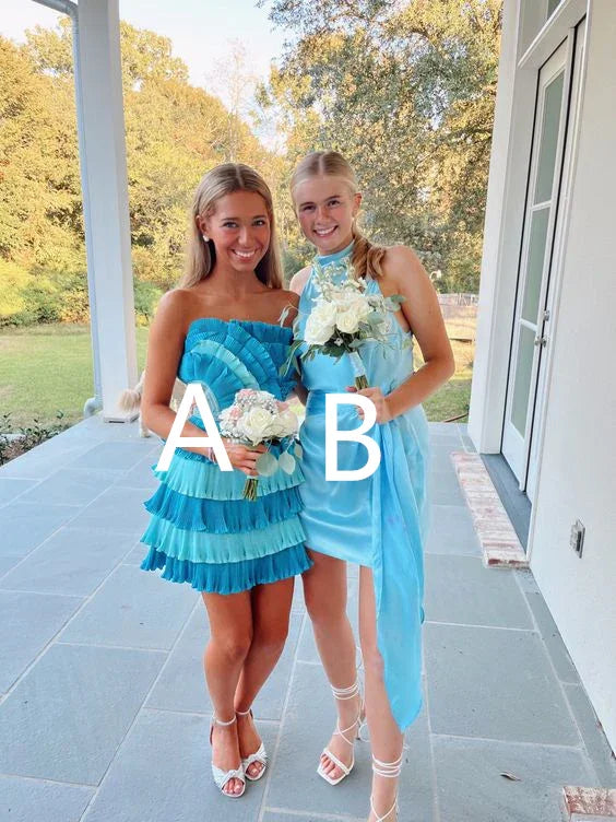 Blaues Rüschen-Kurzes Homecoming-Kleid Blaues Partykleid Y2014