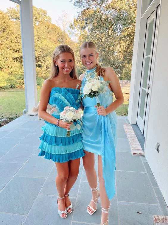 Blaues Rüschen-Kurzes Homecoming-Kleid Blaues Partykleid Y2014