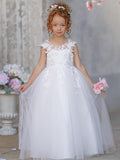 Ivory Princess Gown with Lace Appliques and Tulle Bow | Short Sleeve Ankle-Length Tulle Flower Girl Dress
