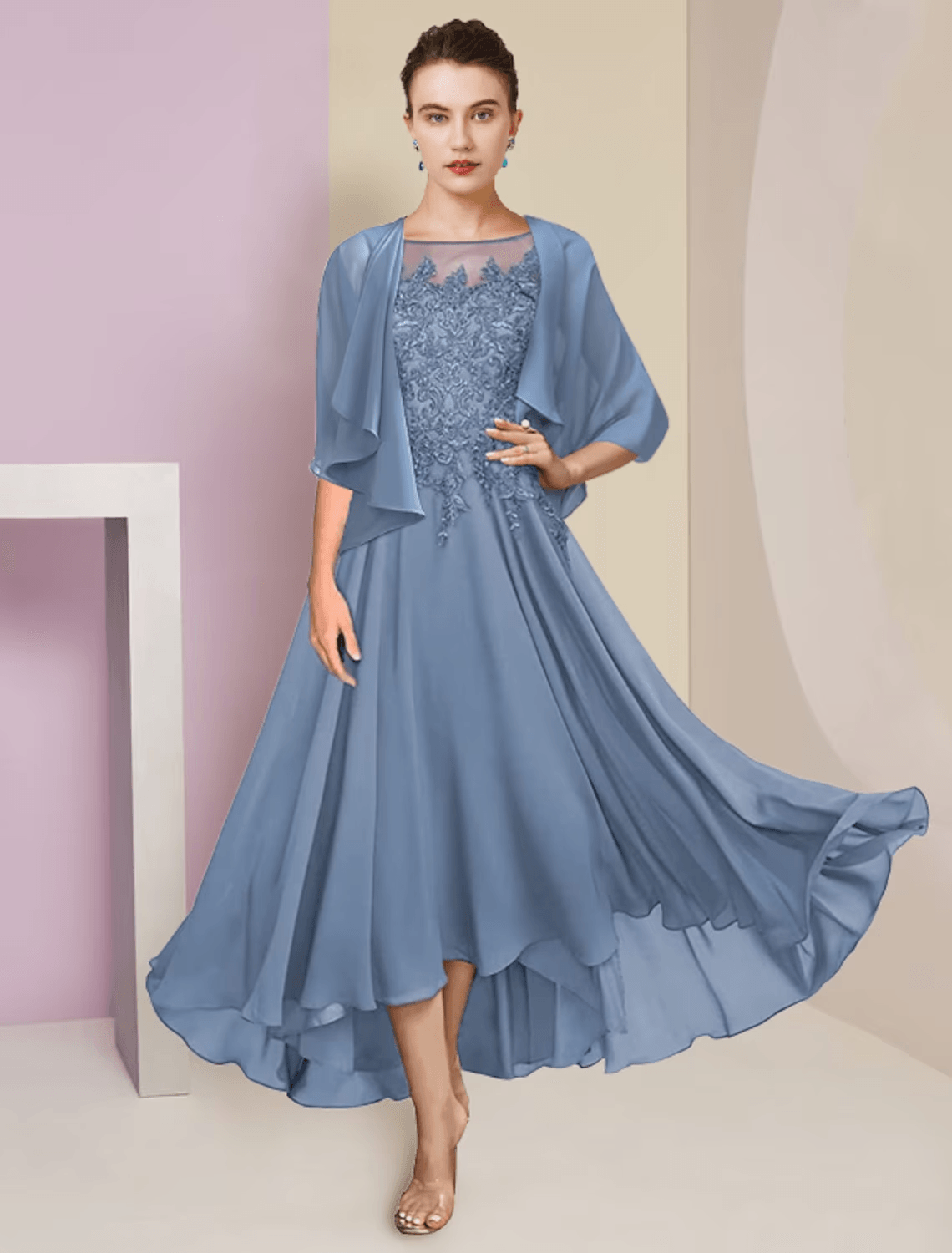 Vestido de mãe da noiva em duas peças, corte A, formal, para convidada de casamento, elegante, decote redondo, assimétrico, comprimento chá, chiffon, renda, manga curta, com aplicações de lantejoulas